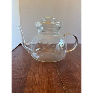 Princess House Heritage Etched Glass Teapot with Lid Floral Vine Pattern 6.5in